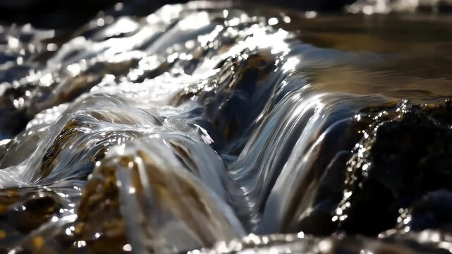 Water flowing from waterfall and fountain into natural rocky stream HD Quality Background Video 
