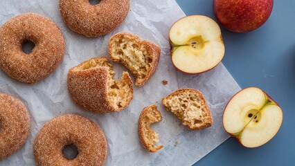 Naklejka premium Detailed shot of homemade spiced apple cider doughnuts alongside apple slices on baking parchment atop a blue wooden table. Delicious artisan snack prepared to serve. Small batch specialty food.