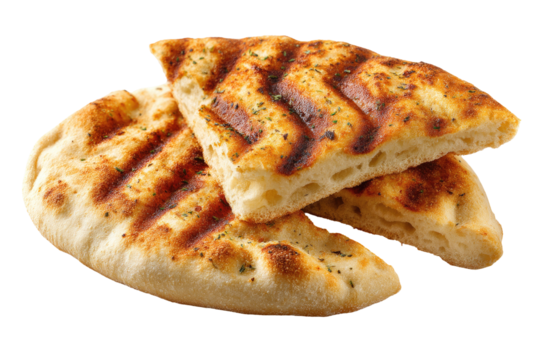 Two slices of grilled flatbread, golden brown and slightly crispy, overlapping.  A savory topping and grill marks are visible