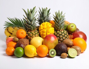 "High-detail, full HD studio photograph of an assortment of tropical fruits. White backdrop with perfectly suited, rich colors for each fruit. A visually striking and uncommon composition."