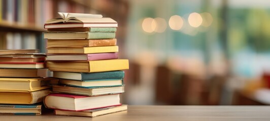 The stack of colorful books on a wooden table in a cozy library setting.