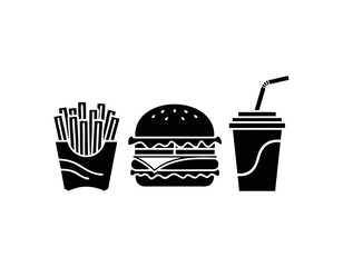 Monochrome vector icon set of fast food items burger, fries, and soda cup