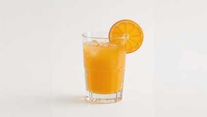 An isolated glass holding orange juice displayed on a white background