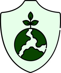 Growing Plant Globe with Shield Flat Icon in Green and White Color.