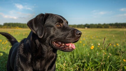 Black Labrador retriever during a summer sunrise