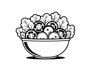 One-color vector design of a salad bowl with leafy greens, tomato, and cucumber slices