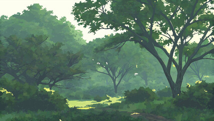 Fototapeta premium Lush Green Forest Landscape with Tall Trees and Soft Morning Light