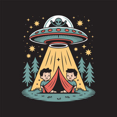 Cute and whimsical illustration of two kids in a tent being abducted by a friendly alien in a UFO, set against a starlit forest background. Fun concept for sci-fi lovers, campers, and kids alike