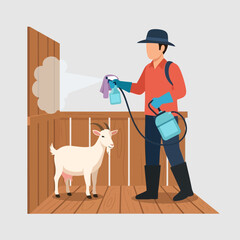 Farmer Spraying Barn Wall Near Goat with Disinfectant for Hygiene