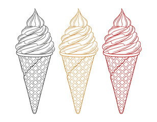 One-color vector illustration of an ice cream cone with a swirl top and waffle texture