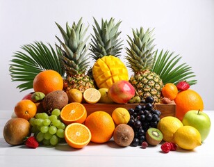 Unique and vibrant tropical fruit still life, photographed against a stark white background. Capture every intricate detail with cinematic lighting, showcasing colors that perfectly complement the sce