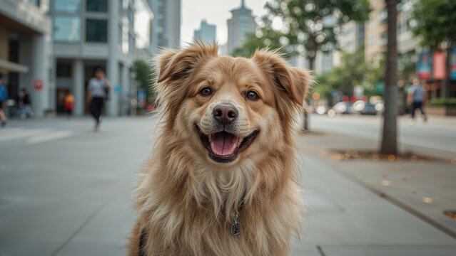 A pet dog relaxing during downtime in an urban area