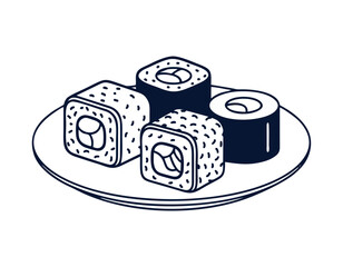 vector-style monocolor graphic of a sushi roll trio on a plate, clean lines and minimal shading