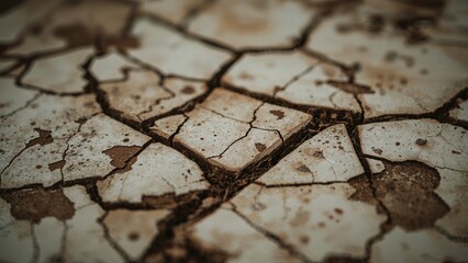 Fototapeta premium Macro photograph of cracked home tiles with a textured noise overlay, resulting from earth movement.