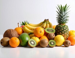 "Full HD, hyper-realistic photography of diverse tropical fruits. Clean white background, with a focus on colors that are both suitable and visually engaging. Rendered with a unique, almost painterly 