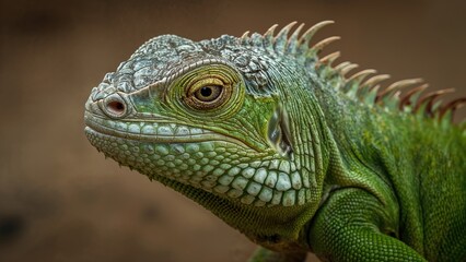 Fototapeta premium Detailed view of a lush green iguana's head on a wooden branch