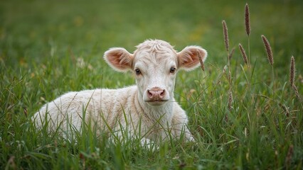 Obraz premium Lovely Little Calf Sitting on Rich Green Field