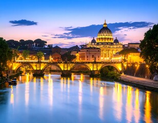 Fototapeta premium Illuminated Roman cityscape at dusk