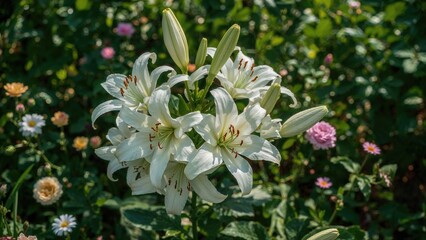 Charming scene of white lilies in full bloom surrounded by verdant leaves and diverse flowers