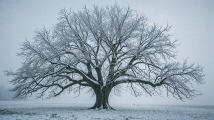Winter Scene Featuring an Apple Tree Blanketed in Snow