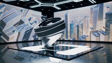 Modern vr headset rotating on a transparent display in a futuristic showroom with holographic city maps and data interfaces projected on screens - Powered by Adobe