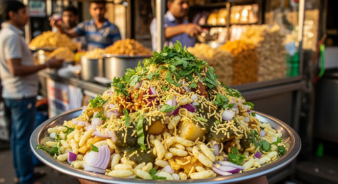Freshly made bhel puri in a steel plate, garnished with coriander and sev, busy Mumbai street food stall in the background