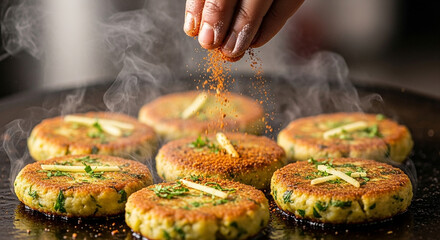 Hands sprinkling chaat masala on aloo tikki, sizzling sound from tawa, detailed textures of food in focus.139Z