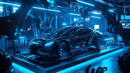 Futuristic car undergoing automated assembly in a high-tech factory.