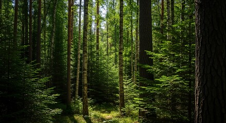Fototapeta premium Sunlight filtering through a dense forest.