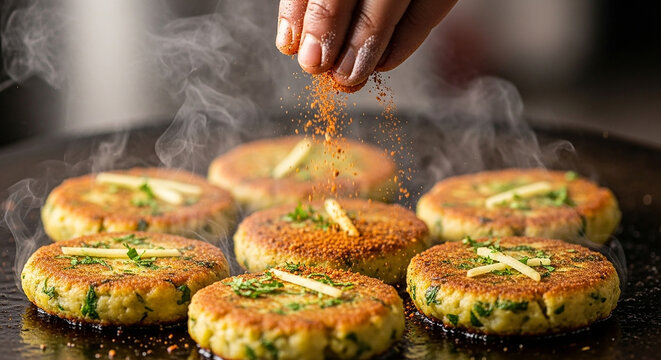 Hands sprinkling chaat masala on aloo tikki, sizzling sound from tawa, detailed textures of food in focus.139Z