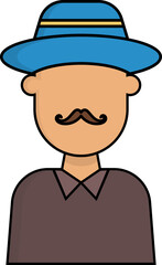 Flat style cartoon mustache man wearing hat icon.