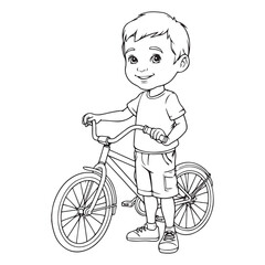 Illustration of a boy with a bicycle outline drawing art