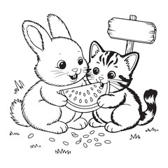 Rabbit and cat share watermelon next to blank wooden sign