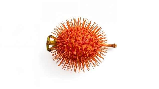 A single rambutan displayed against a plain white backdrop, created with AI generation tools
