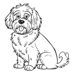 Cartoon outline of a fluffy dog sitting with tongue out