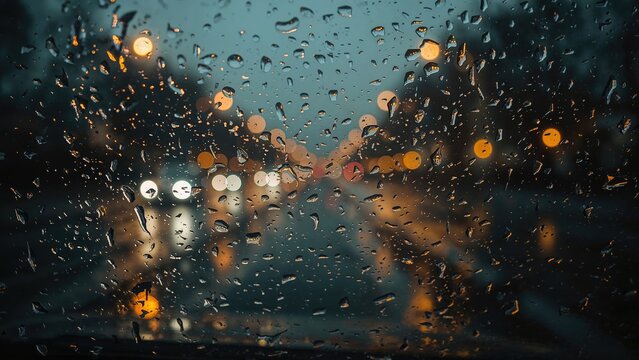 Close-up view of a vehicle glass dotted with raindrops amid a downpour - Powered by Adobe