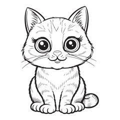 Cartoon kitten with big eyes sitting in black and white