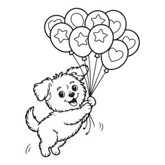 Cartoon dog flying with balloons black and white drawing