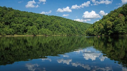 Fototapeta premium Thick Forest Mirrored on a Calm Riverbank