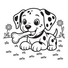 Dalmatian puppy with bone in mouth sitting in grass field