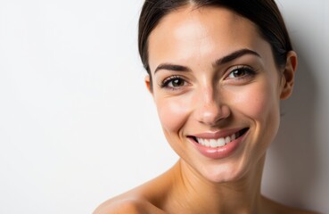 A woman with clear skin and a bright smile looking directly at the camera
