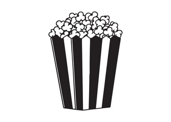 Black and white illustration of popcorn in striped box; classic movie snack, simple design.
