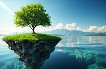 A solitary tree grows on a floating island above calm water with mountains in the background