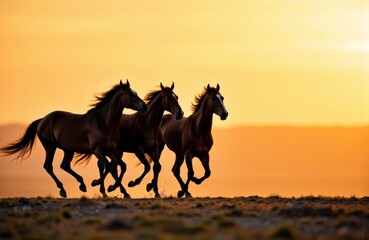 Three horses running across open terrain during sunset