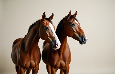Obraz premium Two realistic brown horses with white markings on their faces stand side by side against a neutral background
