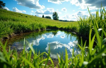 Obraz premium A peaceful pond reflects a bright blue sky with fluffy white clouds in a lush green landscape