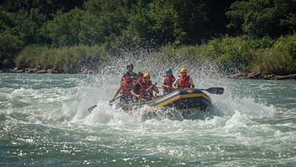 A raft navigating through a powerful wave