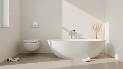 Fototapeta premium Digital rendering showing a white bidet fixed to the wall alongside a bathtub in a washroom