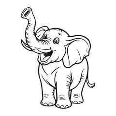 Cartoon elephant standing with trunk raised outline drawing