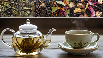 Explore different types of tea: green tea, black tea, herbal tea, and blooming tea in teapot cup